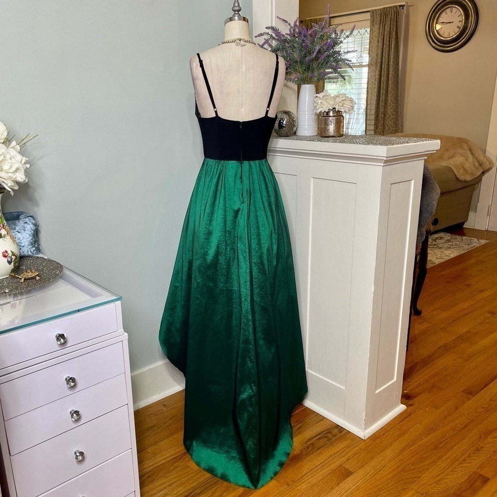 Betsy & Adam V Neck High Low Maxi Prom Dress Formal Gown Emerald Green Black 10 - Picture 6 of 10